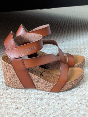Blowfish Brown Cork Wedge Sandals with Crisscross Straps